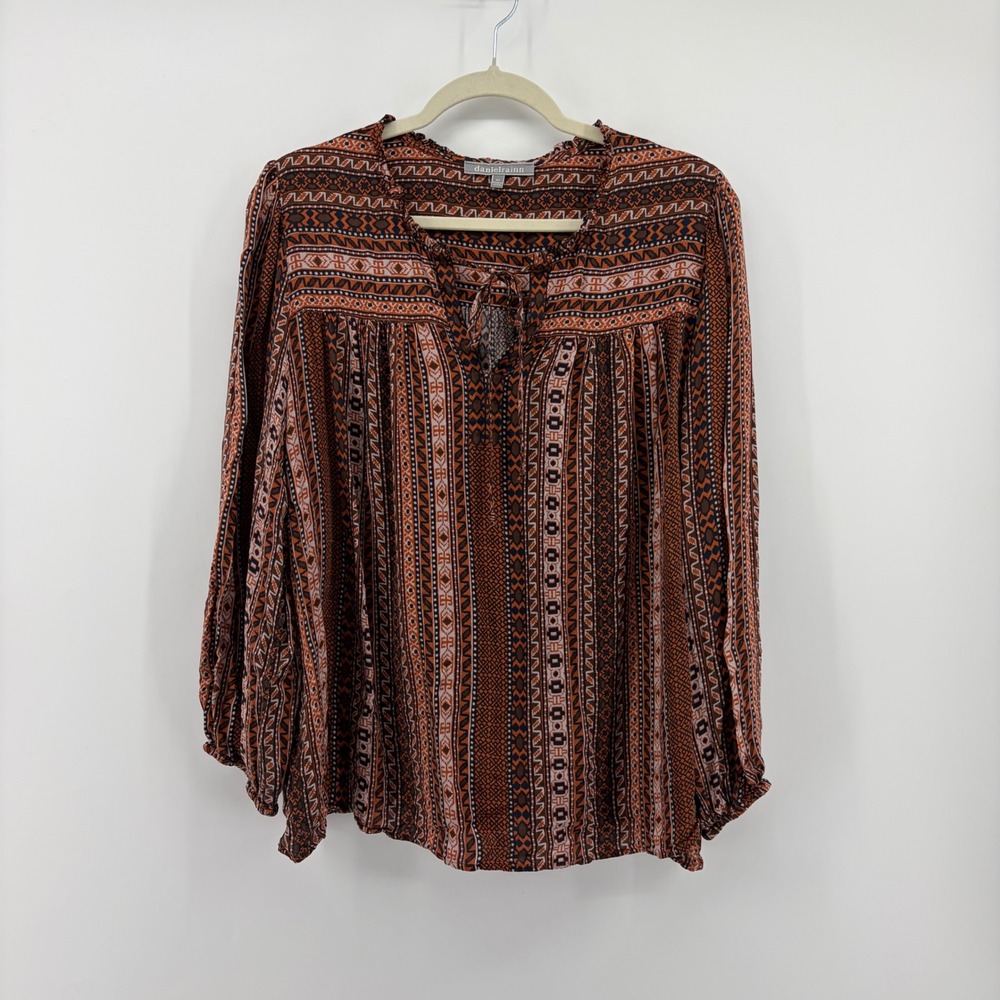 Daniel Rainn Womens 2X Multicolor Geometric Stripe Blouse Boho Tie Neck